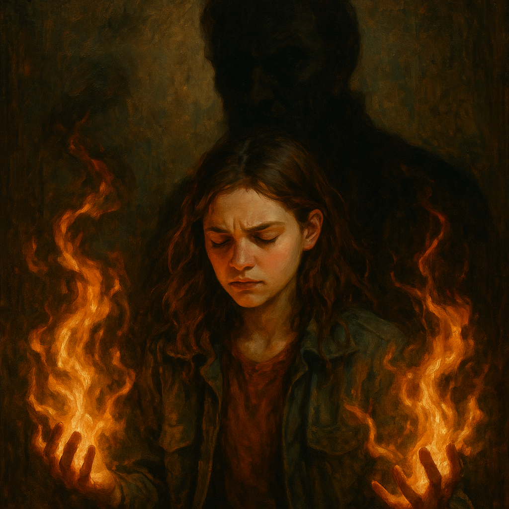 Young woman in psychic fire being shadowed by an older man’s silhouette, embodying control disguised as mentorship.