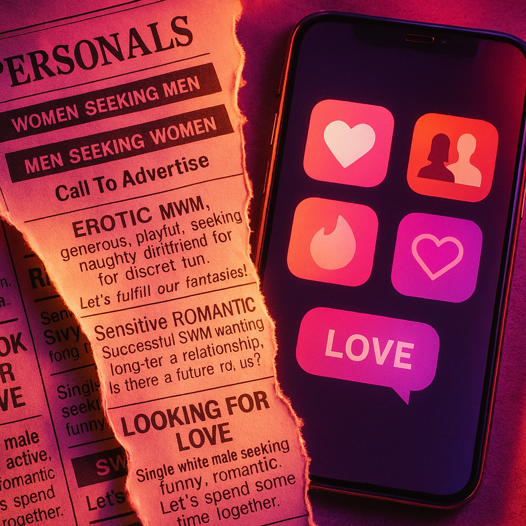 Abstract composition of old Craigslist personals dissolving into a clean Feeld app interface — chaos turning into structure.