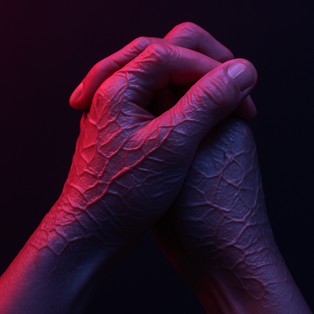 Close-up of intertwined hands showing faded scars under soft neon light, symbolizing survival, acceptance, and transformation.