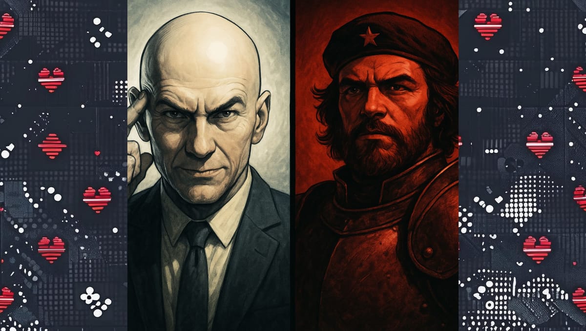 Split portrait of Professor X and Magneto — one bathed in sterile white light, the other in shadowed crimson — symbolizing moral inversion.