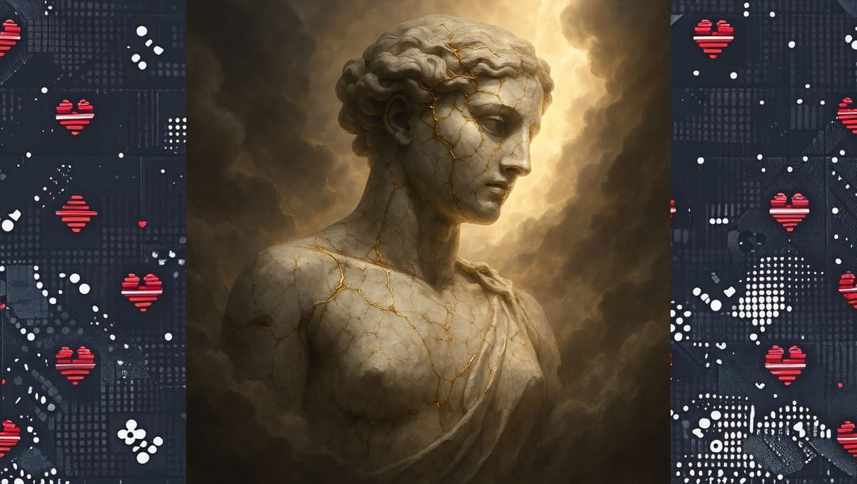 Fractured marble statue regenerating in golden light — symbol of antifragility and rebirth through chaos