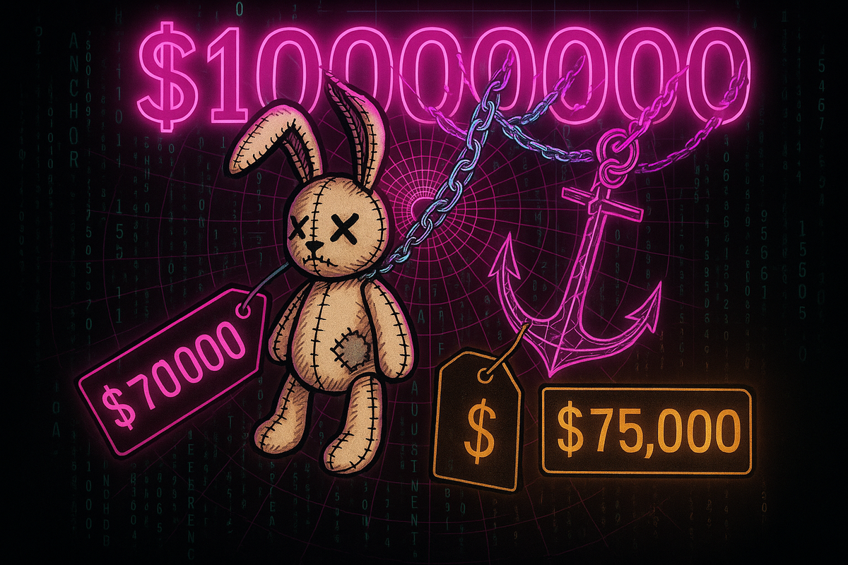 Large neon pink anchor symbol with dollar signs and price tags gravitating toward it amid matrix code on black background