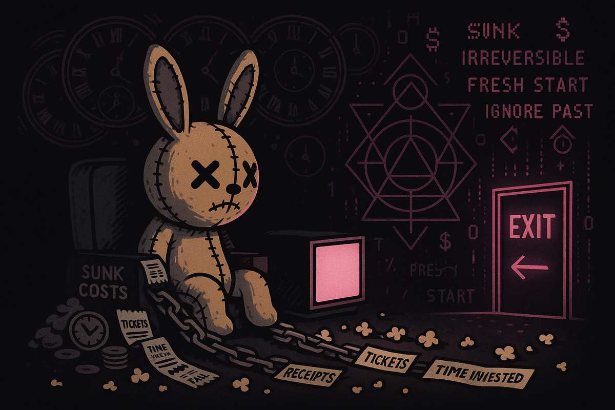 Glowing neon pink chain with broken links, some links trailing off into the void—representing release from past commitments