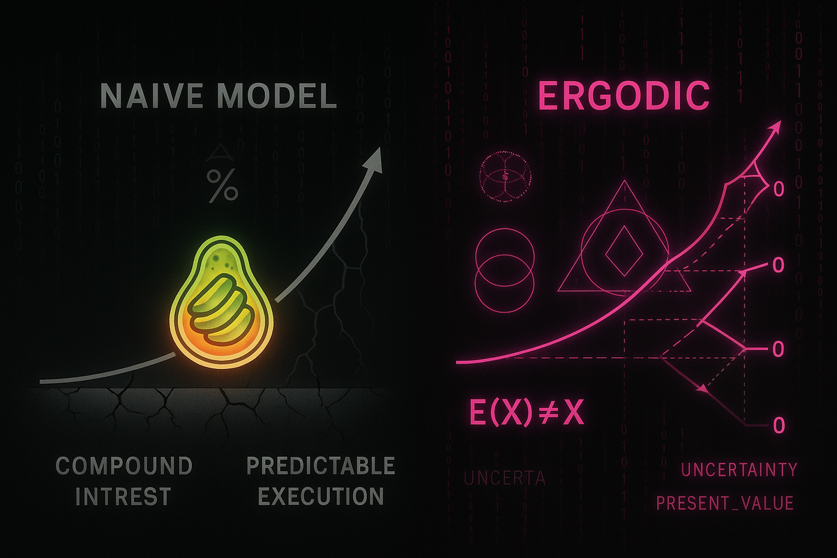Split visualization of naive exponential growth model versus ergodic branching probability tree with avocado toast at center