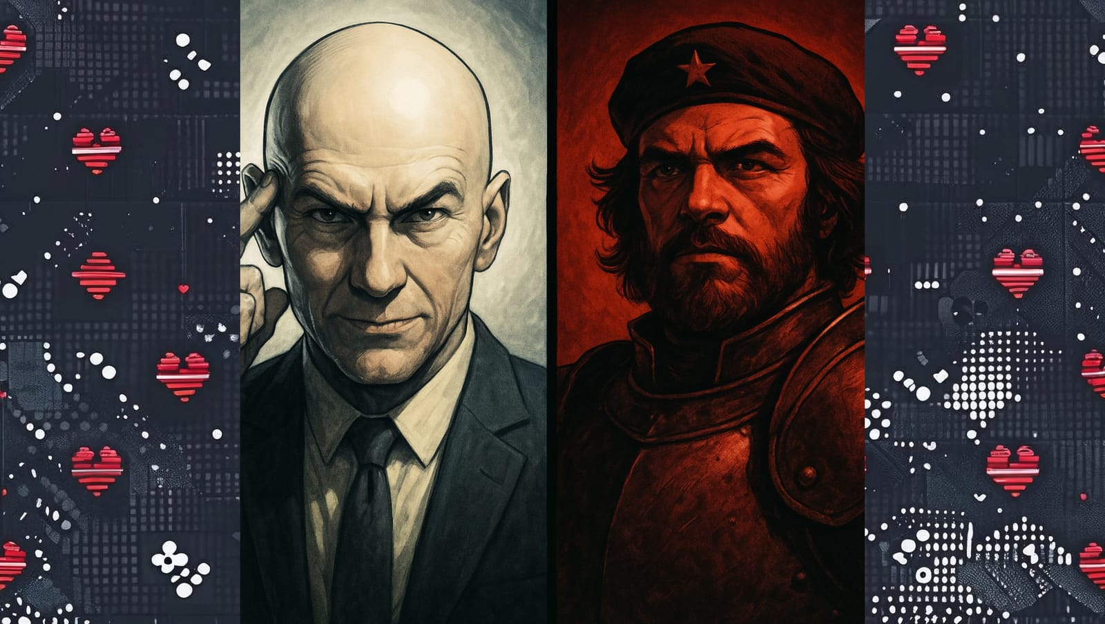 Split portrait of Professor X and Magneto — one bathed in sterile white light, the other in shadowed crimson — symbolizing moral inversion.