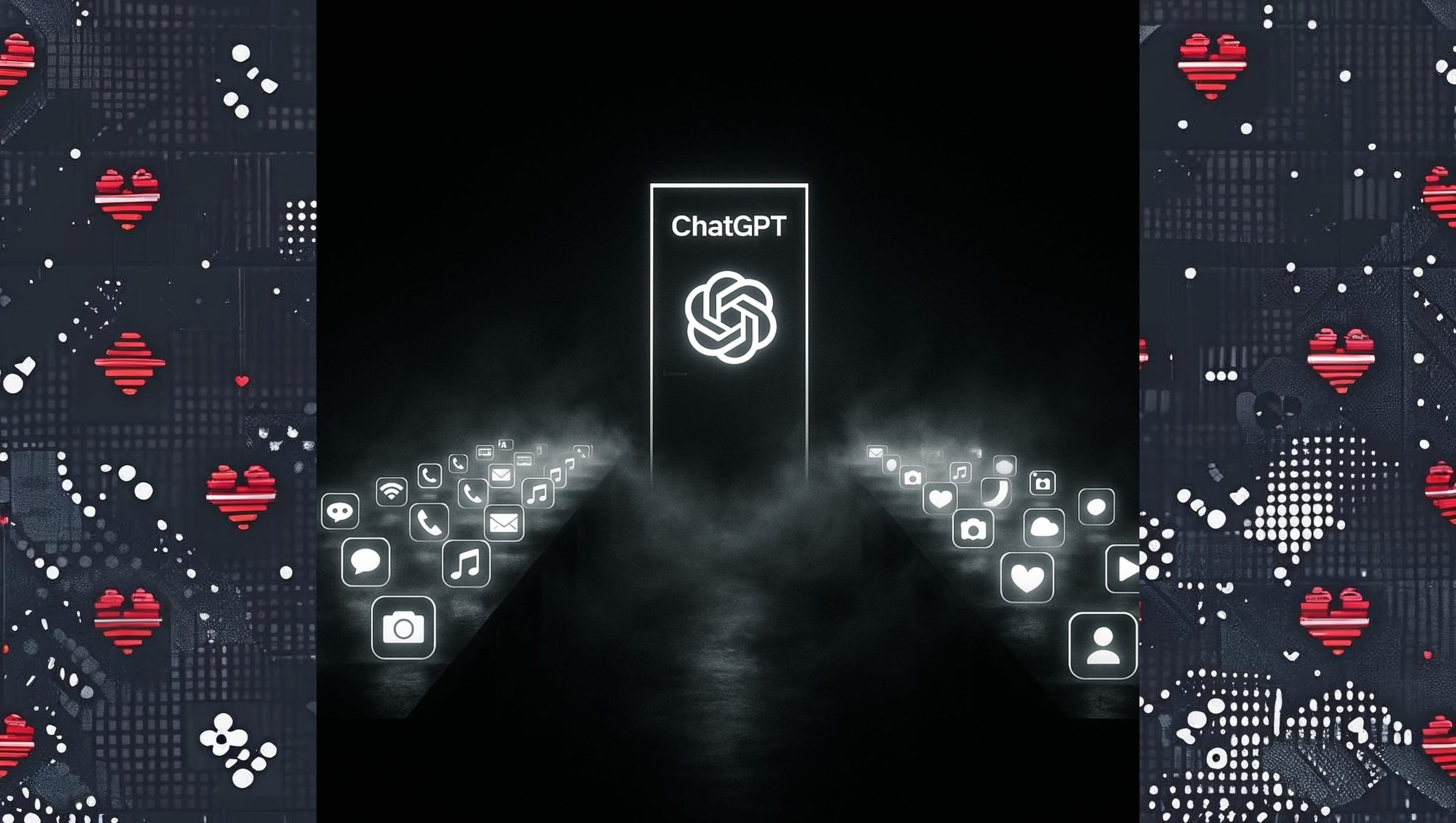 A sleek digital buffet table lined with glowing AI app icons fading into fog, one clear door labeled “ChatGPT” illuminated at the center.