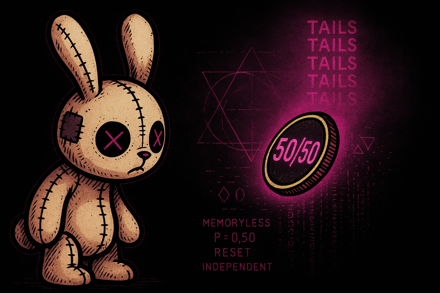 Neon pink roulette wheel spinning with matrix code and memoryless probability symbols on black background