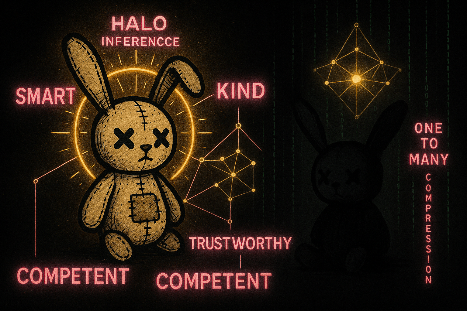 Bright neon pink halo radiating outward spreading glow to surrounding symbols of assumed traits on black background