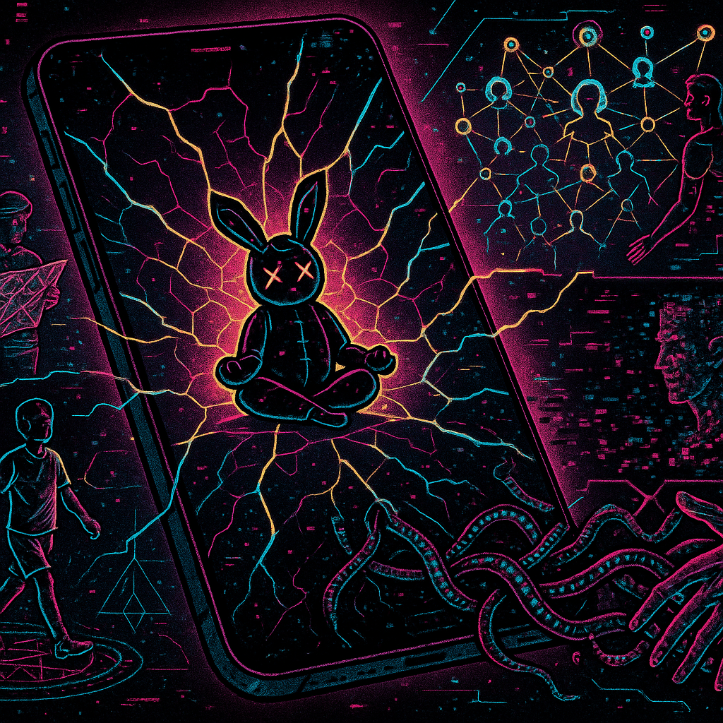 Apocalyptic neon fever dream with cracked smartphone, chaos spilling through, voodoo bunny meditating at center
