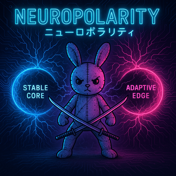 Barbell architecture visualization with dense stable core and extending adaptive fractals in neon cyberpunk style