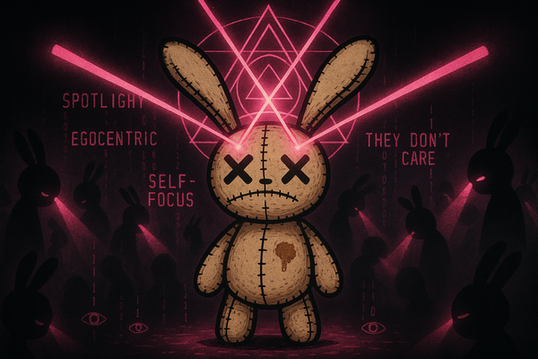 Single bright spotlight beam in neon pink on empty stage with fading, dim audience silhouettes showing illusion of attention on black