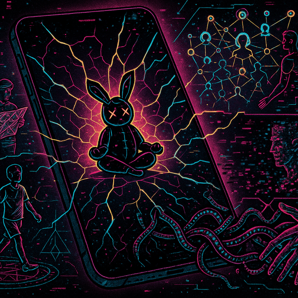 Apocalyptic neon fever dream with cracked smartphone, chaos spilling through, voodoo bunny meditating at center